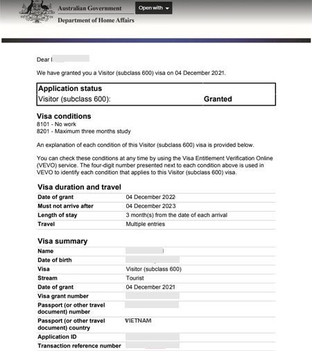 Mẫu visa Úc 600
